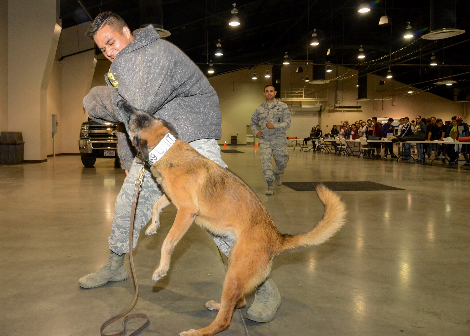 Ria, a military working dog, and Senior Airman Gibran Hernandez, both with 412th Security Forces Squadron, provide a demonstration of suspect apprehension operations during the 27th annual Salute to Youth career fair at the Antelope Valley Fair and Event Center in Lancaster, California, Oct. 11. Airmen from the 412th SFS were on hand to educate high school children about possible careers with the Air Force. (U.S. Air Force photo by Giancarlo Casem)
