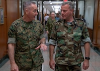 Chairman of the Joint Chiefs of Staff Gen. Joe Dunford meets with Netherlands Chief of Defense Adm. Rob Bauer in Washington D.C. Oct. 15, 2018.