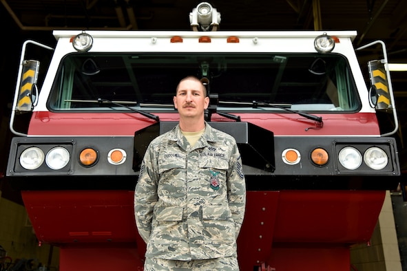 Master Sgt. Jared Dudden, 341st Civil Engineer Squadron assistant chief for training, poses for a picture October 9, 2018, at Malmstrom Air Force Base, Mont. Dudden received the 2018 Fireman of the Year award from the Exchange Club of Great Falls. (U.S. Air Force photo by Airman 1st Class Jacob M. Thompson)