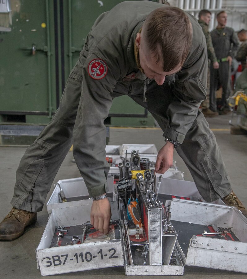 U.S. Marine Cpl. Edward Goscinski, assigned to Marine Fighter Attack Squadron (VMFA) 232, Marine Aircraft Group 11, 3rd Marine Aircraft Wing, conducts an all-tools accounted for inventory on assigned tool boxes as an important part of daily operations during exercise Red Flag-Alaska (RF-A) 19-1 at Eielson Air Force Base, Alaska, Oct. 9, 2018. Red Flag is a series of U.S. Pacific Air Force commander-directed field training exercise for U.S. and coalition forces to provide a realistic joint offensive counter-air, interdiction, close air support and large-force employment training in a simulated combat environment. (U.S. Marine Corps photo by Sergeant Maria A. Noyola)