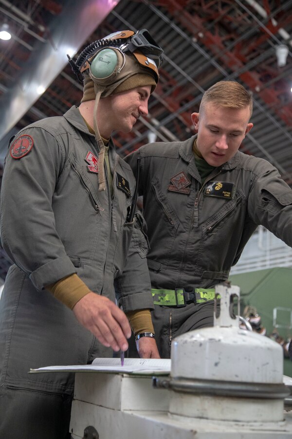 U.S. Marine Cpls. Bryce W. Potter, left, and Charles A. Hutchinson Jr., fixed-wing aircraft mechanics with Marine Fighter Attack Squadron (VMFA) 232, Marine Aircraft Group 11, 3rd Marine Aircraft Wing, conduct crew supervisor pass down during a shift changeover as a part of daily operations at exercise Red Flag-Alaska (RF-A) 19-1 at Eielson Air Force Base, Alaska, Oct. 9, 2018. Red Flag is a series of U.S. Pacific Air Force commander-directed field training exercise for U.S. and coalition forces to provide a realistic joint offensive counter-air, interdiction, close air support and large-force employment training in a simulated combat environment. (U.S. Marine Corps photo by Sergeant Maria A. Noyola)