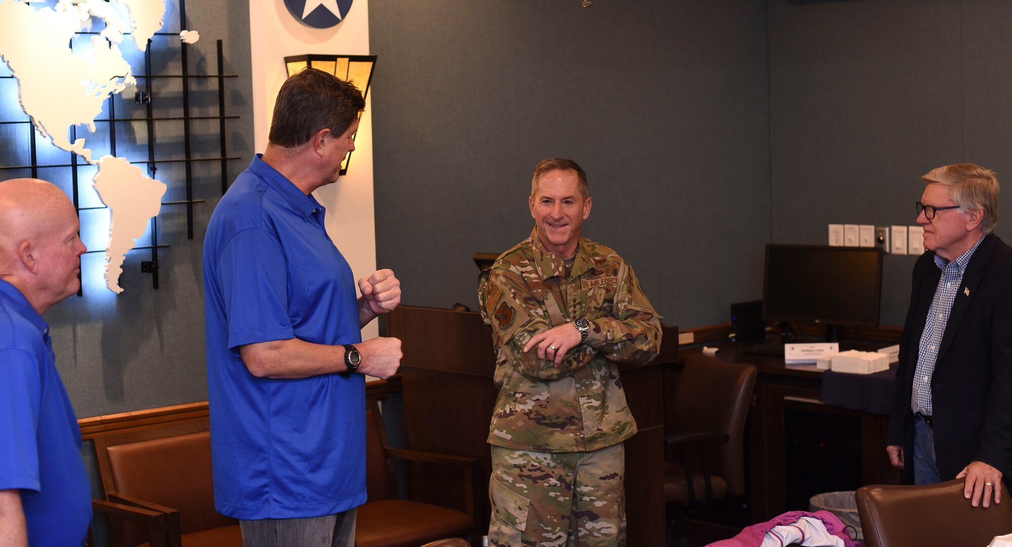 Air Force Chief of Staff Gen. David L. Goldfein visits with civic leaders and honorary commanders while touring the 301st Fighter Wing Oct. 13, 2018, at Naval Air Station Fort Worth Joint Reserve Base, Texas. Honorary commanders and other civic leaders help to build community partnerships and civic engagements between the American public and military units. (U.S. Air Force photo by Tech.
Sgt. Charles Taylor