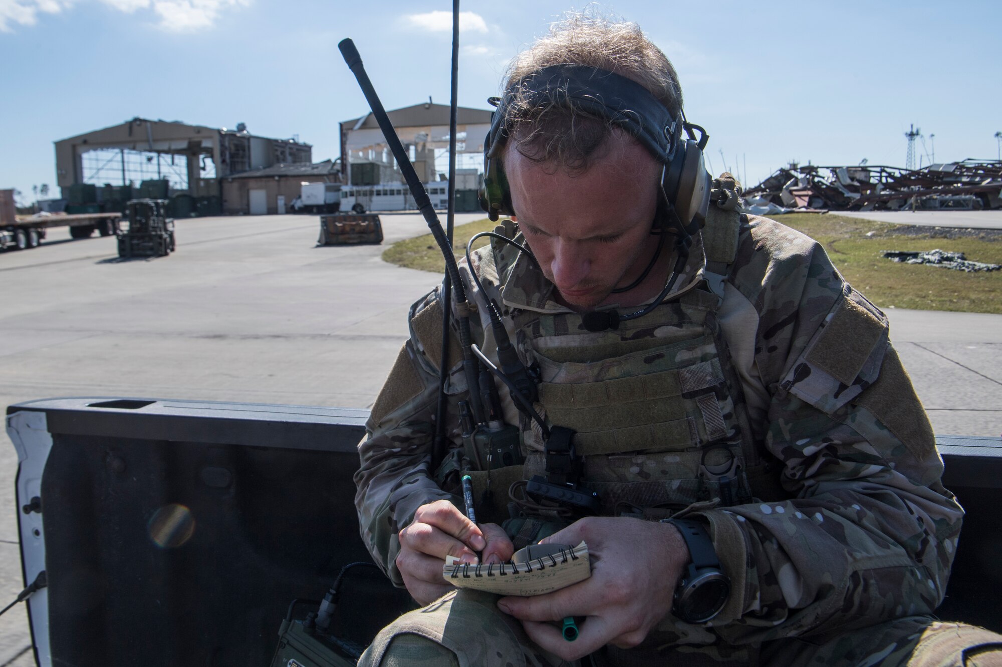 A Special Tactics Airman with the 23rd Special Tactics Squadron takes notes at Tyndall Air Force Base, Florida, Oct. 14, 2018.