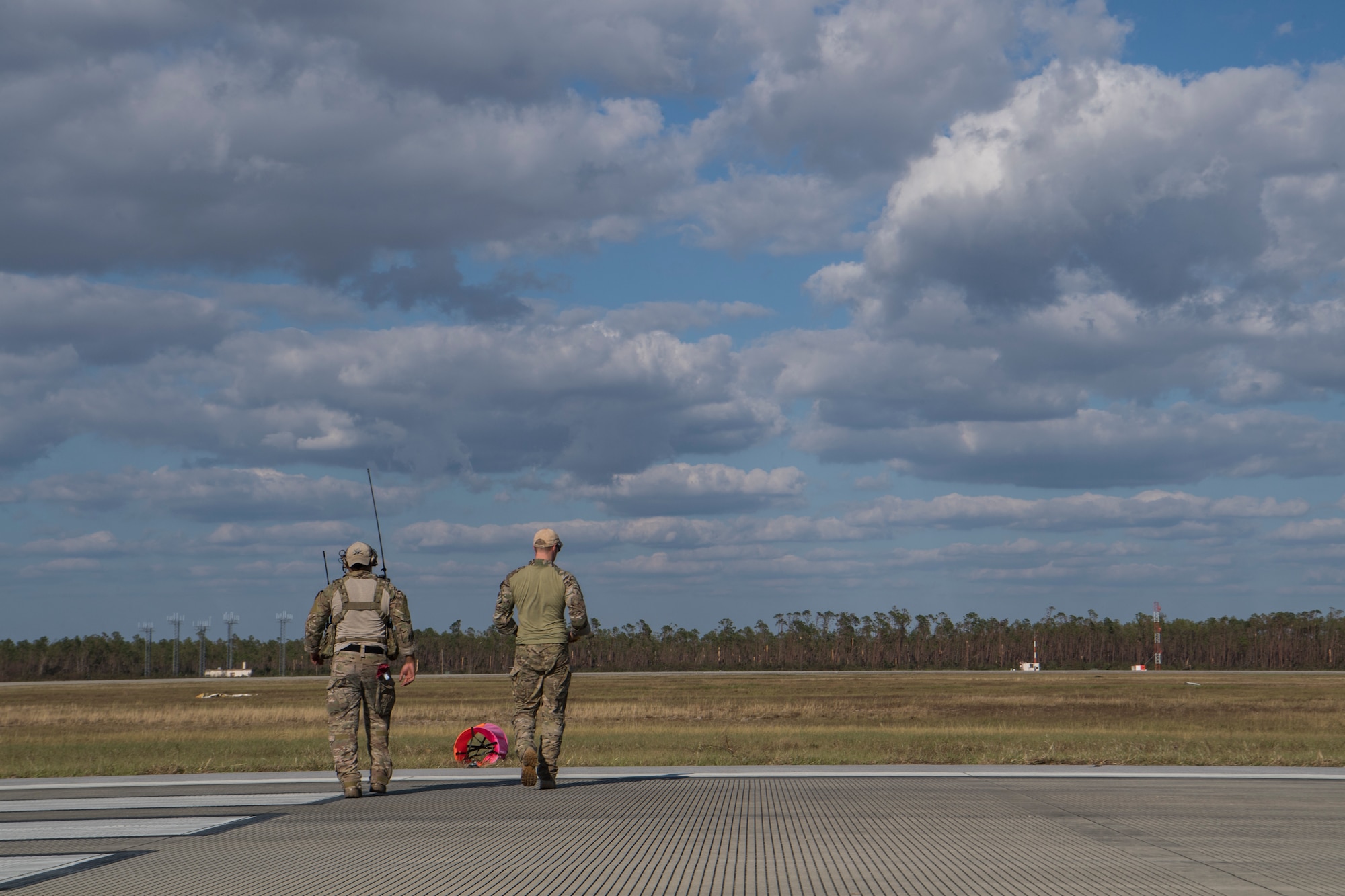 Special Tactics Airmen with the 23rd Special Tactics Squadron take down runway panels at Tyndall Air Force Base, Florida, Oct. 14, 2018.