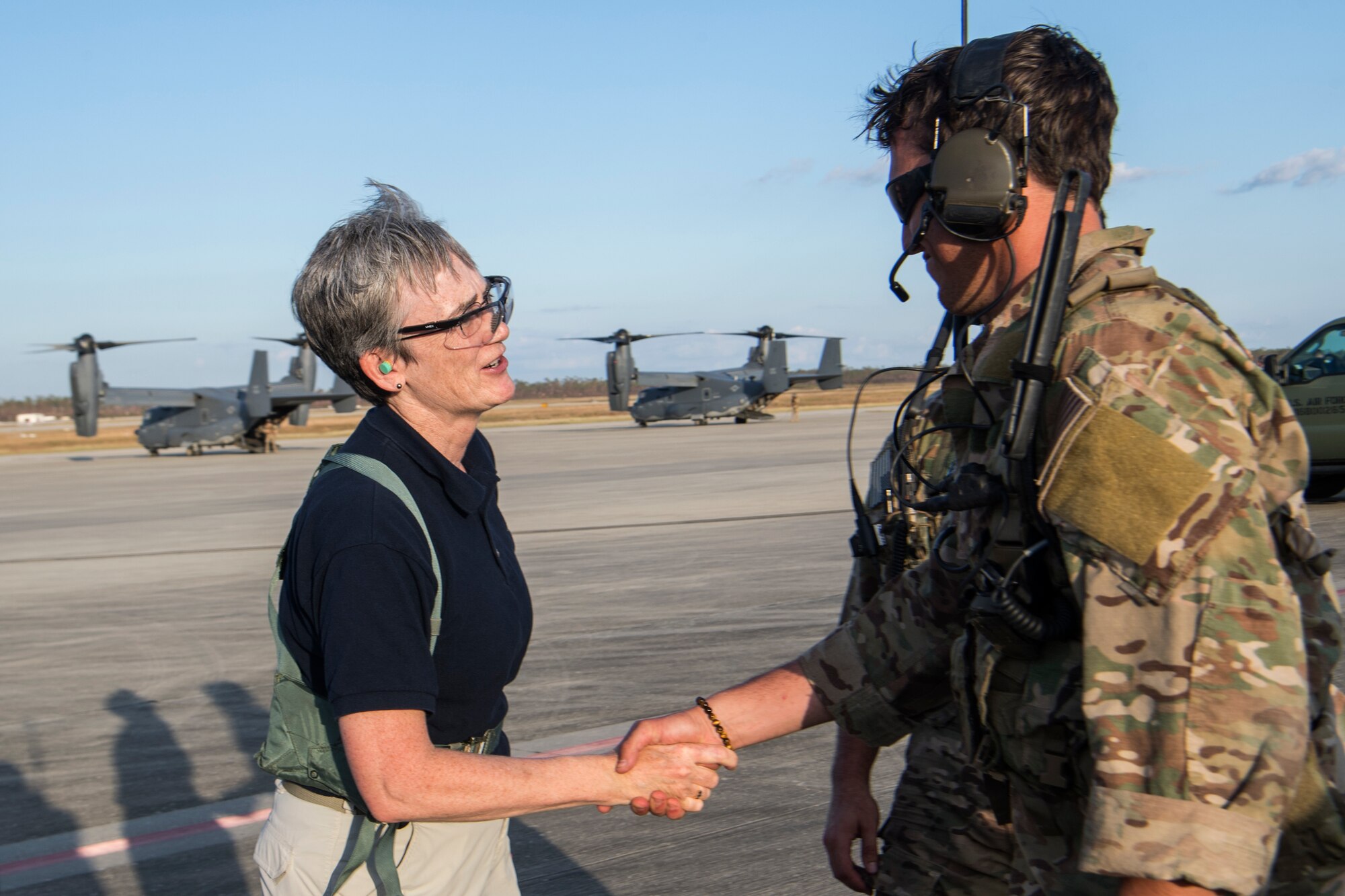 A Special Tactics Airman with the 23rd Special Tactics Squadron, right, greets Secretary of the Air Force Heather Wilson at Tyndall Air Force Base, Florida, Oct. 14, 2018.