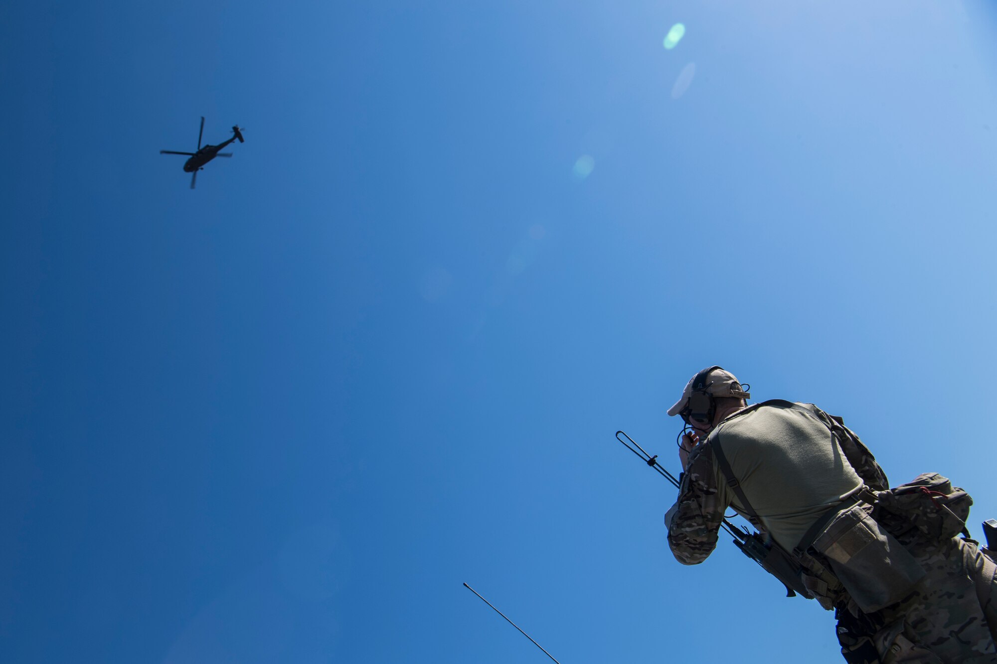 A Special Tactics Airman with the 23rd Special Tactics Squadron controls an aircraft at Tyndall Air Force Base, Florida, Oct. 14, 2018.