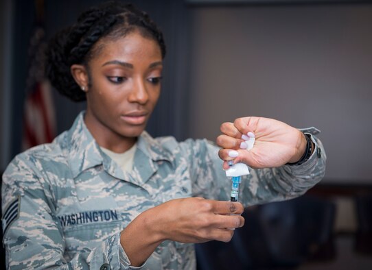Over 50 Airmen were vaccinated at a 2018-2019 Influenza Campaign vaccination event Oct. 11, 2018 on Nellis Air Force Base, Nevada. The campaign will host another event Oct. 17-18 at the Community Commons on base where members of the 99th Medical Group expect to vaccinate nearly 3,500 Airmen. (U.S. Air Force photo by Airman Bailee A. Darbasie)