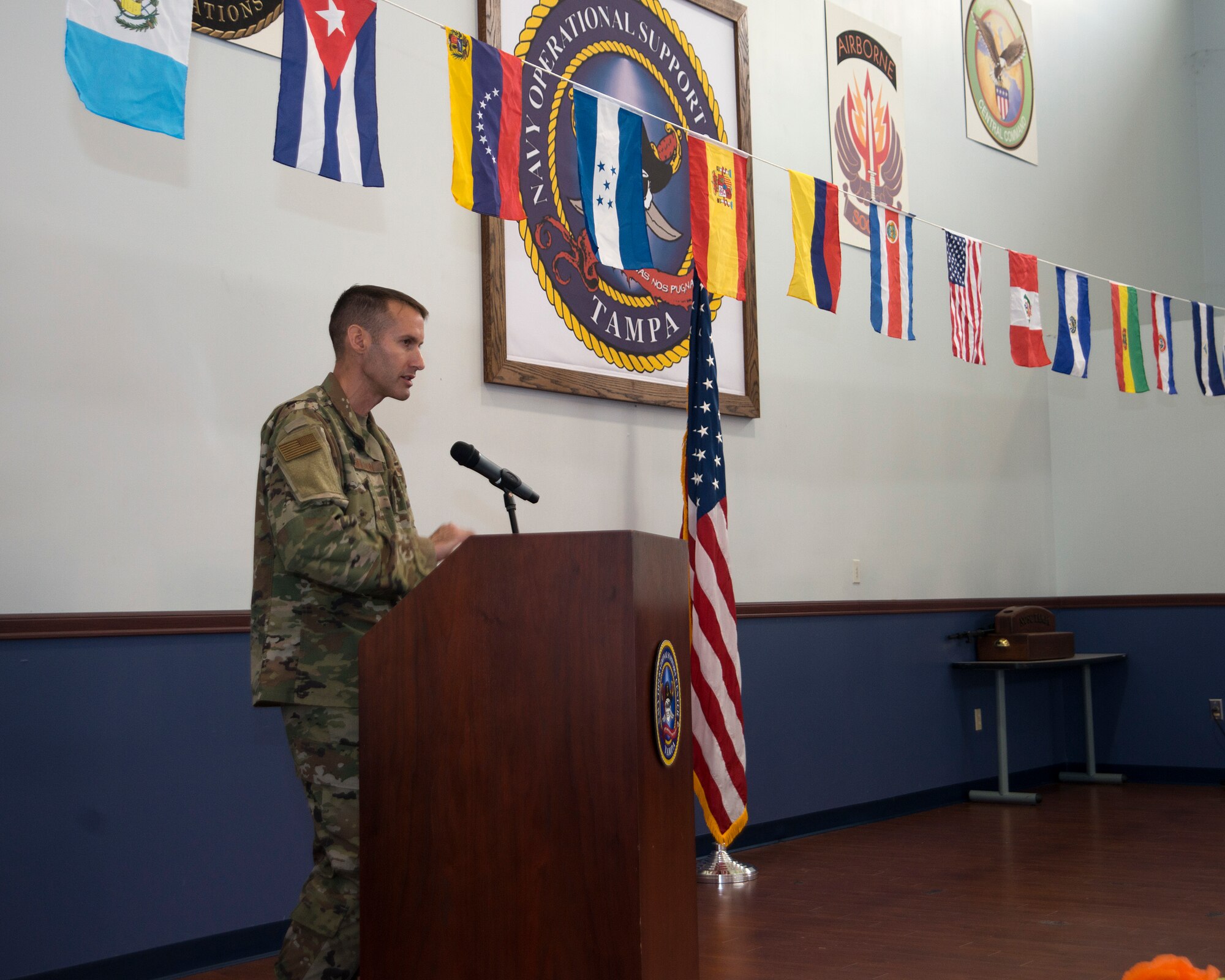 U.S. Air Force Col. Stephen Snelson, the 6th Air Mobility Wing Commander, speaks at the National Hispanic Heritage month luncheon at MacDill Air Force Base, Fla., Oct. 11, 2018.