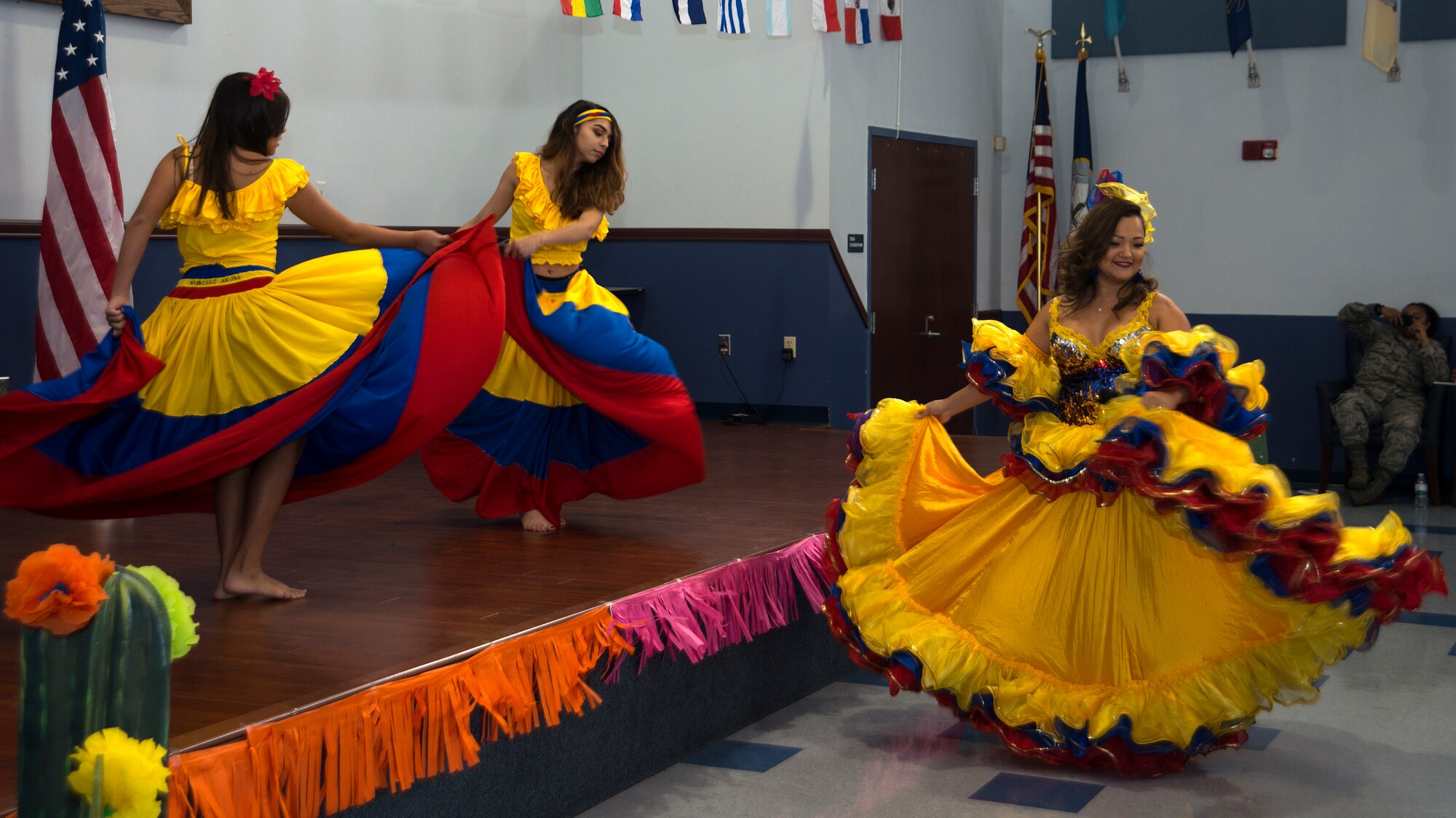 Columbian group Son de Café dances at the National Hispanic Heritage month luncheon at MacDill Air Force Base, Fla., Oct. 11, 2018.