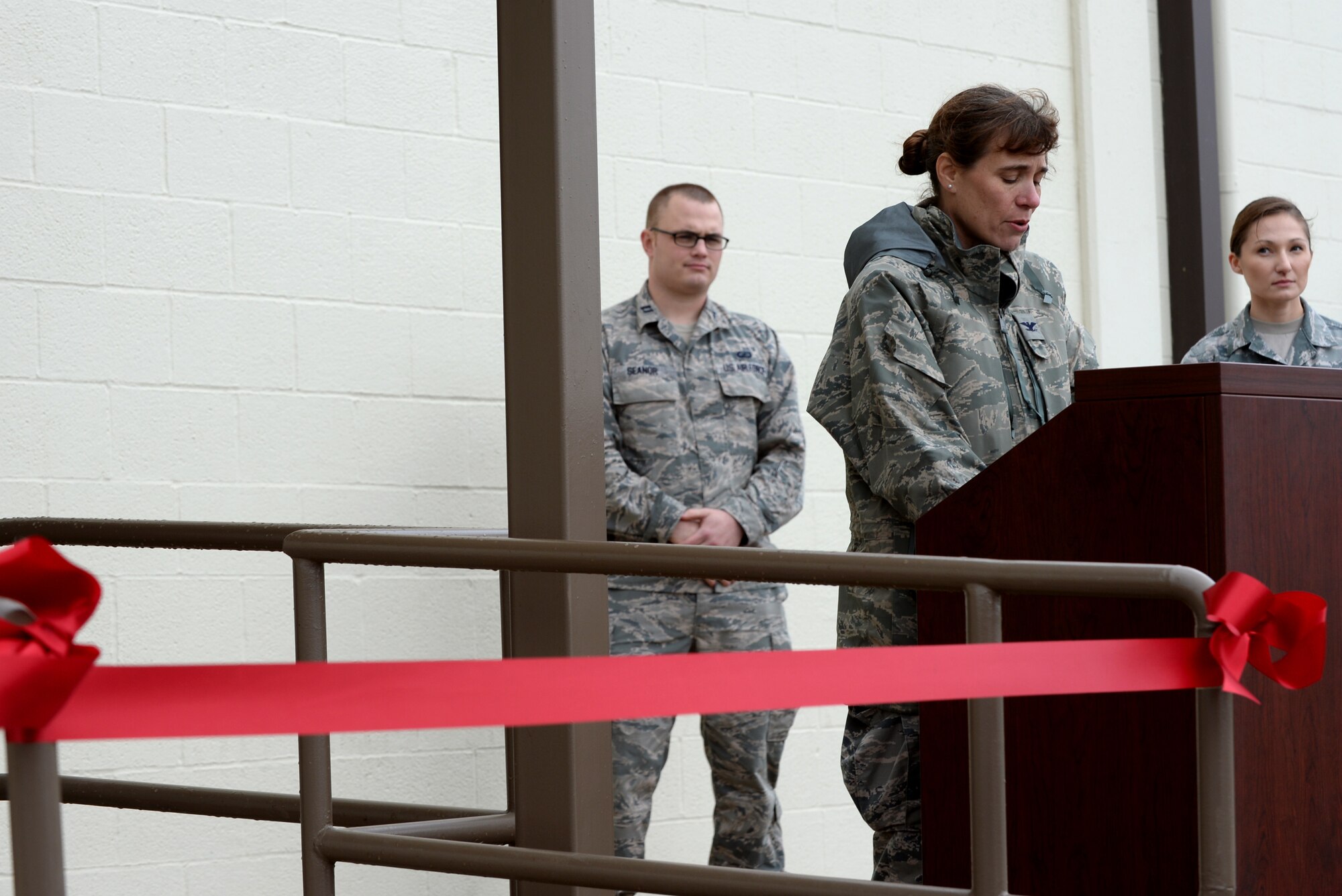 Col. Melissa Cunningham, 67th Cyberspace Wing commander, addresses attendees during a ribbon cutting ceremony at Joint Base San Antonio-Lackland Medina Annex, Texas, Oct. 15, 2018. The ceremony was hosted to welcome the 346th Test Squadron, Unified Capabilities Assessment Program team to its new home. The UCAP team provides Department of Defense Information Network Approved Products List testing of communications equipment before the equipment can be connected to the DODIN. UCAP is the only Air Force lab that provides DODIN APL testing and results are accepted DOD-wide. (U.S. Air Force photo by Tech. Sgt. R.J. Biermann)