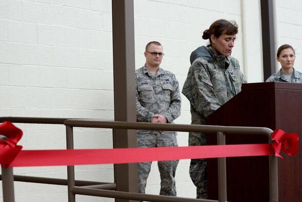 Col. Melissa Cunningham, 67th Cyberspace Wing commander, addresses attendees during a ribbon cutting ceremony at Joint Base San Antonio-Lackland Medina Annex, Texas, Oct. 15, 2018. The ceremony was hosted to welcome the 346th Test Squadron, Unified Capabilities Assessment Program team to its new home. The UCAP team provides Department of Defense Information Network Approved Products List testing of communications equipment before the equipment can be connected to the DODIN. UCAP is the only Air Force lab that provides DODIN APL testing and results are accepted DOD-wide. (U.S. Air Force photo by Tech. Sgt. R.J. Biermann)