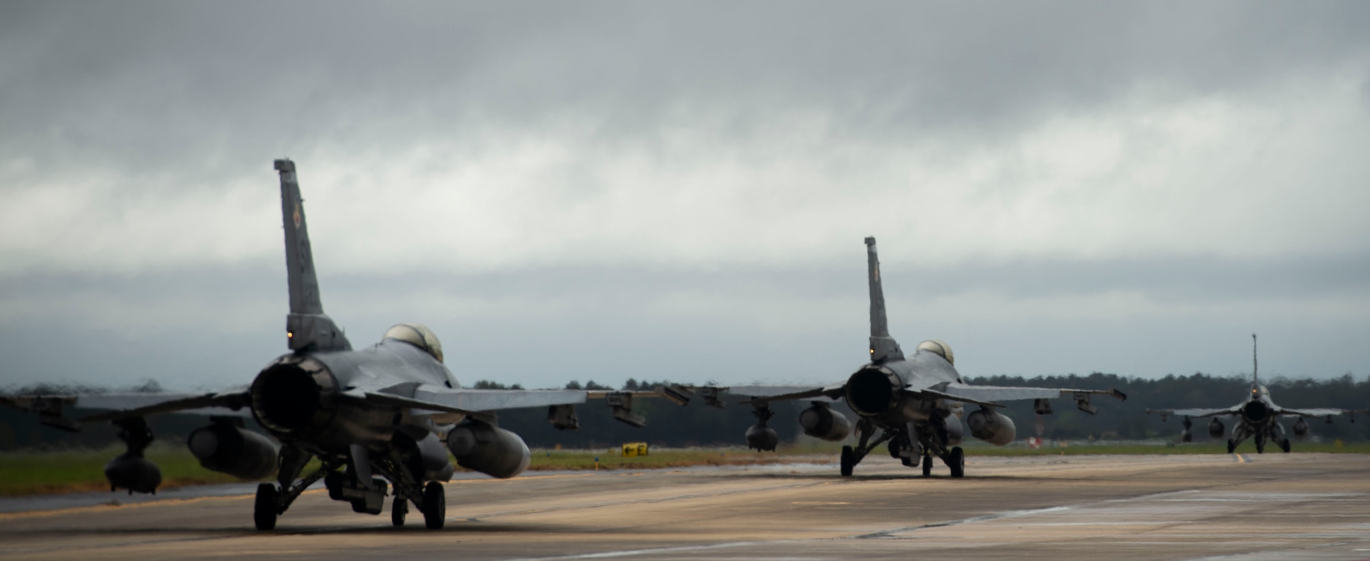 U.S. Air Force F-16CM Fighting Falcons assigned to the 55th Fighter Squadron (FS) taxi on the runway at Shaw Air Force Base, S.C., Oct. 10, 2018.