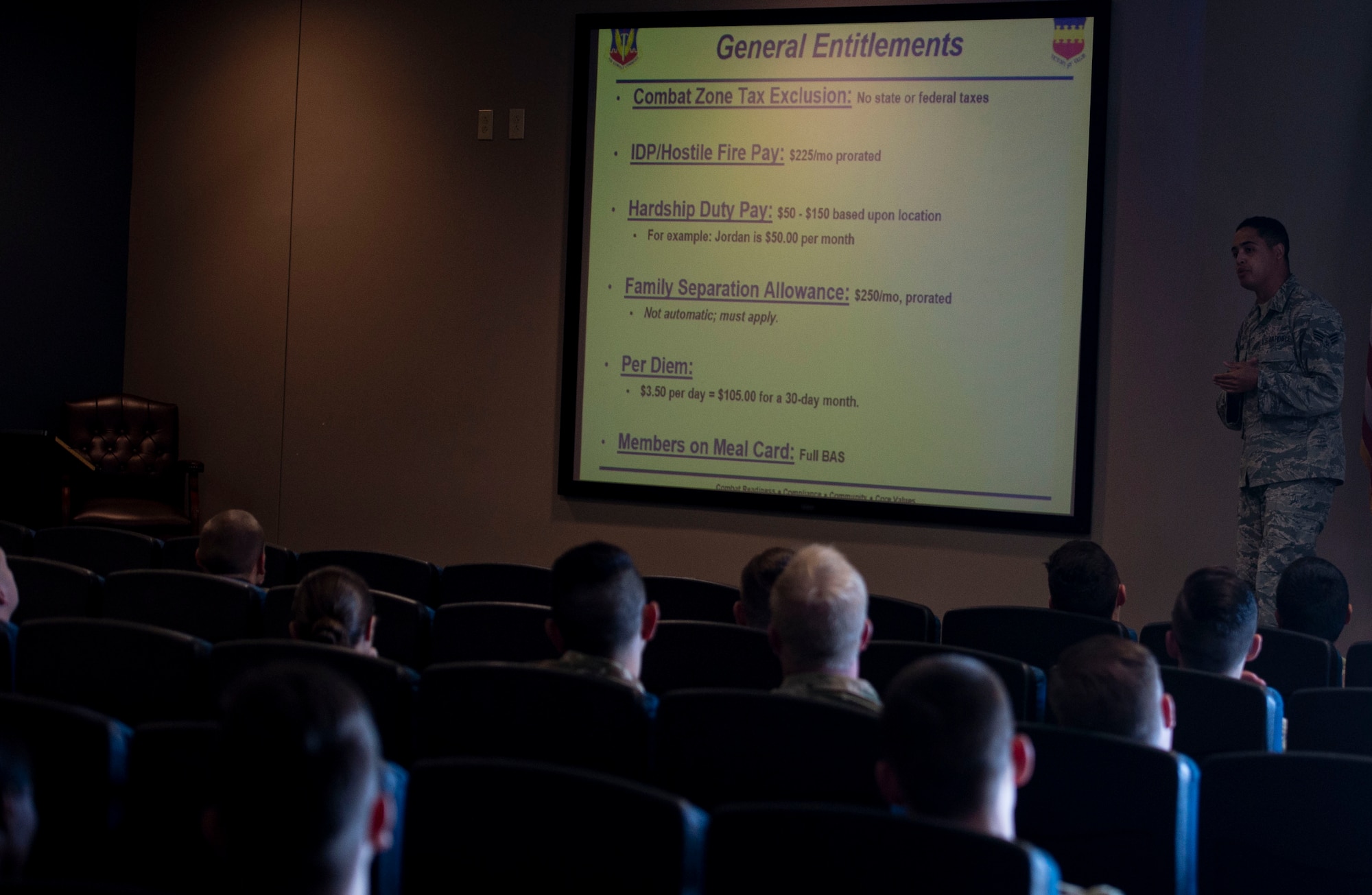 U.S. Airmen assigned to the 20th Fighter Wing receive a briefing at the Chandler Deployment Processing Center at Shaw Air Force Base, S.C., Oct. 10, 2018.