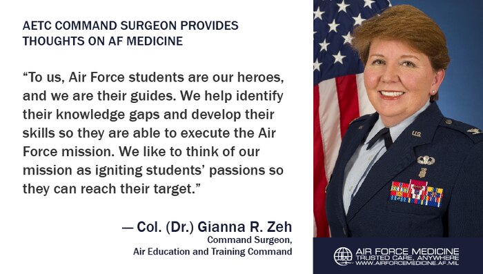 As Air Force Medicine continues to go through organizational change, the MAJCOM Surgeons are hard at work, playing a pivotal role in the Air Force’s ability to stay on the leading edge of Trusted Care healthcare. This month we sat down with Air Education and Training Command’s Surgeon, Col. (Dr.) Gianna R. Zeh, to discuss ongoing improvements, how medical Airmen can succeed, and her personal journey as a leader. (U.S. Air Force illustration)