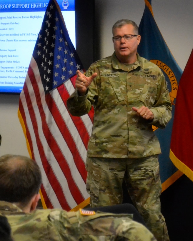 DLA Troop Support Commander Army Brig. Gen. Mark Simerly addresses the Joint Reserve Force at Troop Support's first JRF town hall event Oct. 12 in Philadelphia.