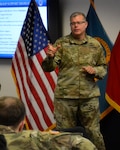 DLA Troop Support Commander Army Brig. Gen. Mark Simerly addresses the Joint Reserve Force at Troop Support's first JRF town hall event Oct. 12 in Philadelphia.