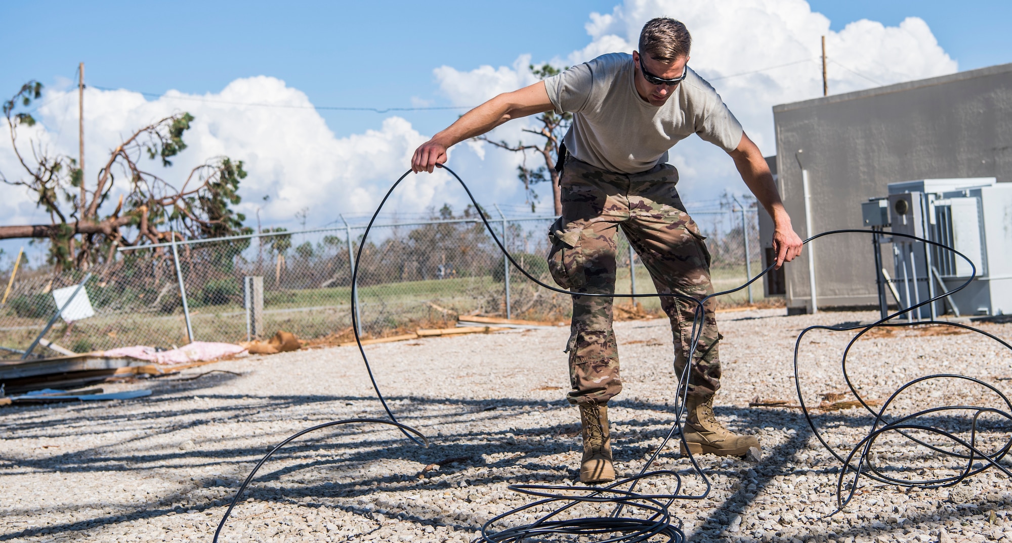 Members of the 5th Combat Communications Group, Robins Air Force Base, Georgia, restore RADAR capabilites following the aftermath of Hurricane Michael at Tyndall Air Force Base, Florida, Oct. 15, 2018. Multiple major commands have mobilized relief assets in an effort to restore operations after the hurricane caused catastrophic damage to the base. (U.S. Air Force photo by Senior Airman Keifer Bowes)