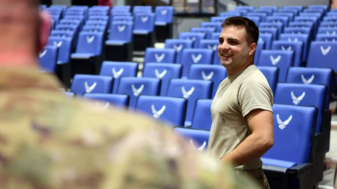 Staff Sgt. Nathan Russian, 386th Expeditionary Civil Engineer Squadron structures journeyman, speaks to members of his leadership Oct. 10, 2018, at an undisclosed location in Southwest Asia. Russian, who is deployed from the 910th Civil Engineer Squadron at Youngstown Air Reserve Station, Ohio, helps construct and repair buildings here at 'the Rock.' (U.S. Air Force photo by Staff Sgt. Christopher Stoltz)