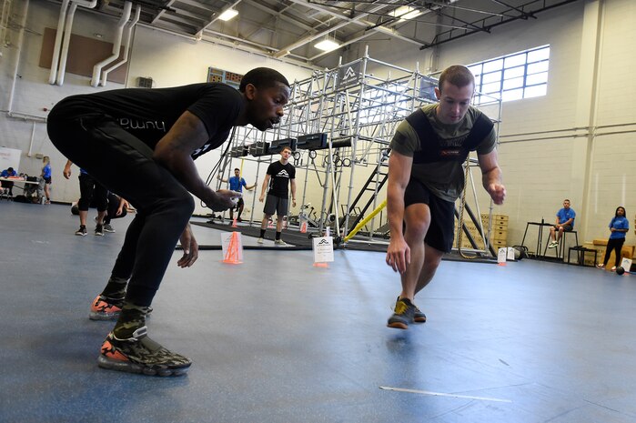 Senior Airman Jordan Bridwell, a vehicle maintainer assigned to the 23rd Logistics Readiness Squadron, sprints while attached to a tether during the Alpha Warrior regional championship Oct. 13, 2018, at Joint Base Charleston, S.C.