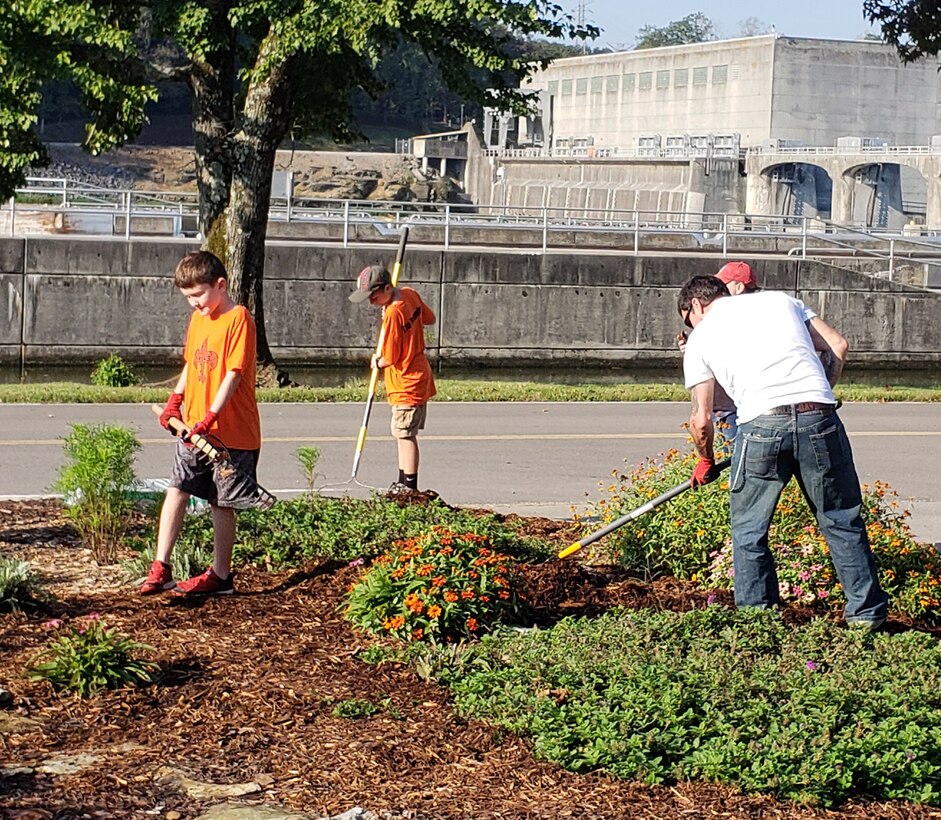 Boy Scouts with Pack 503 mulch a flower bed at Cheatham Lake Oct. 10, 2018 in Ashland City, Tenn. They joined U.S. Army Corps of Engineers Nashville District Park Rangers for the National Public Lands Day event near Cheatham Dam. (USACE photo by Dina Henninger)