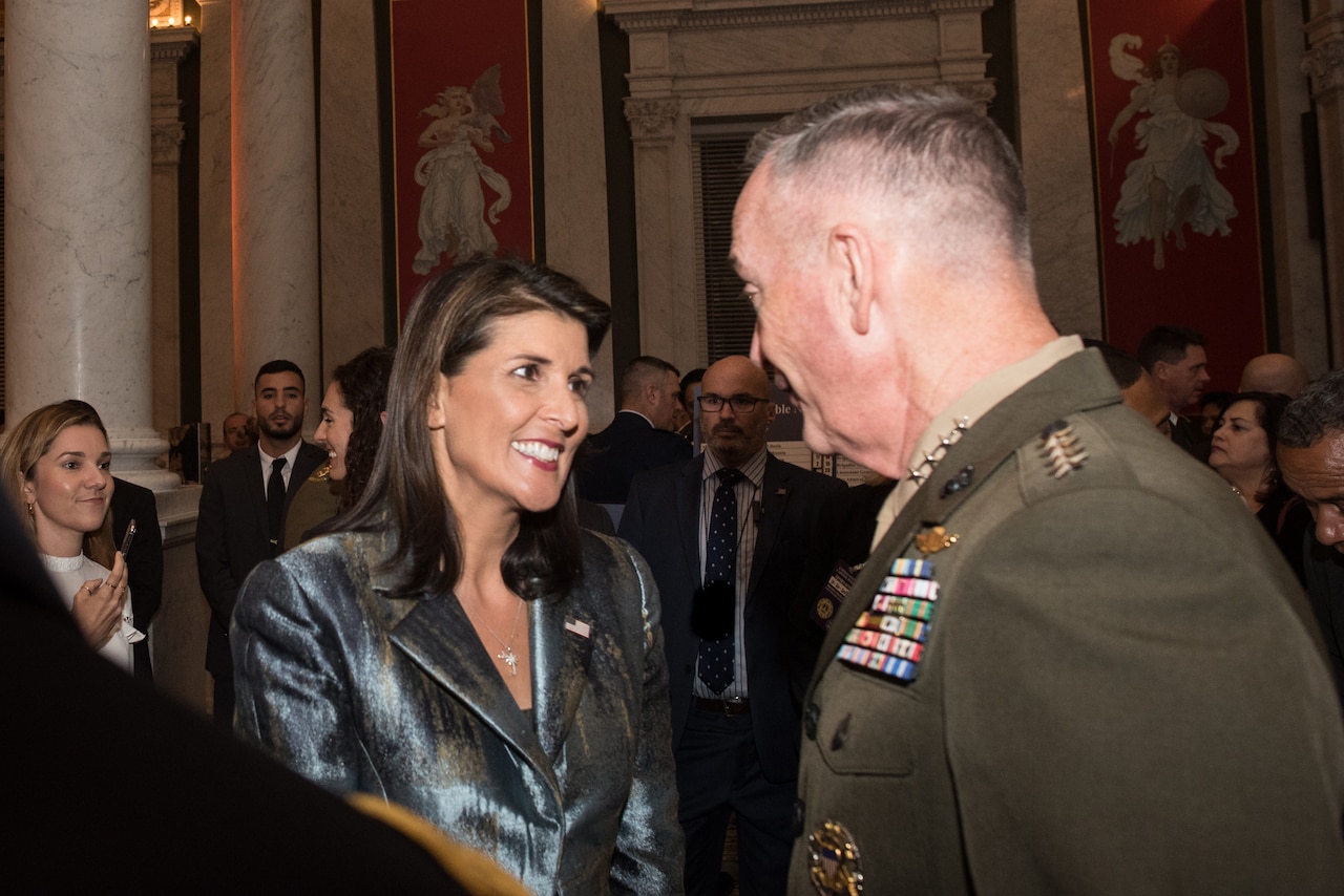 Marine Corps Gen. Joe Dunford talks with U.S. Ambassador to the U.N. Nikki Haley
