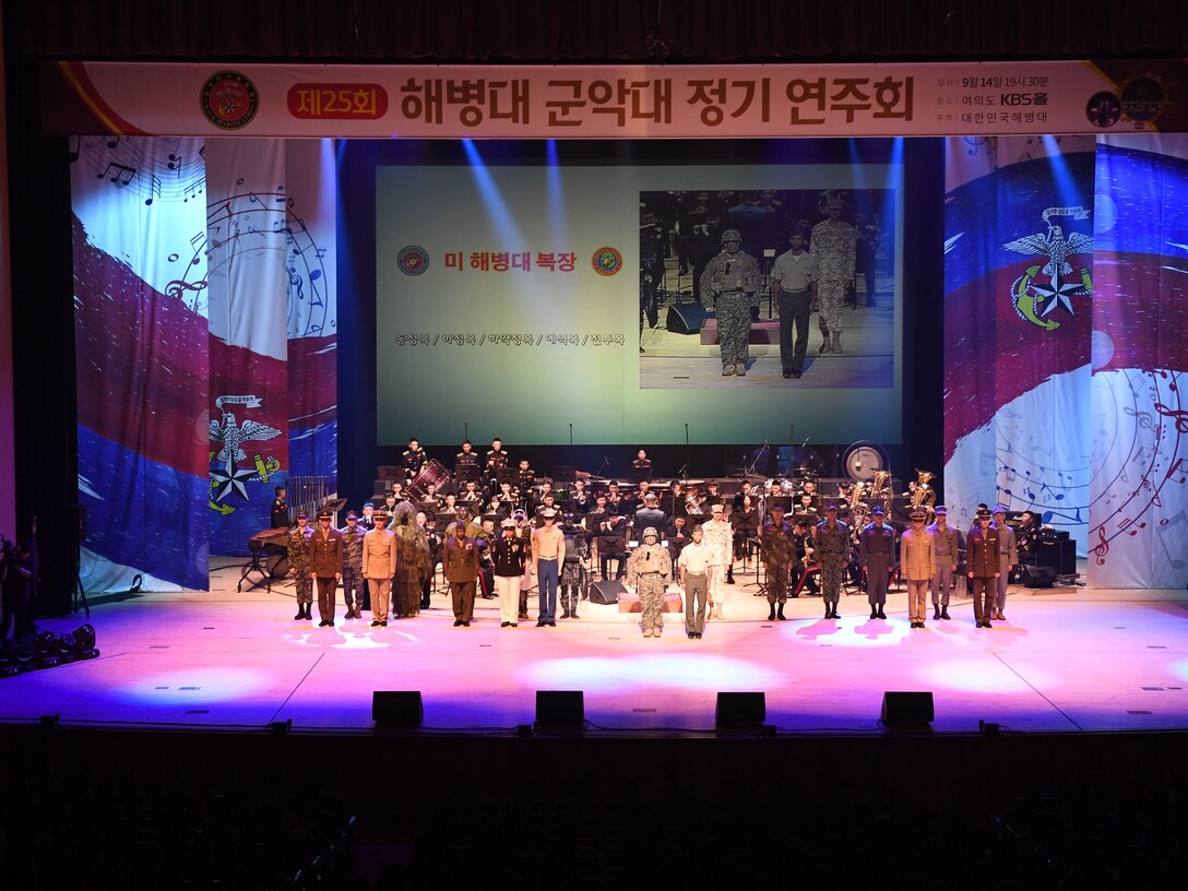 U.S. Marine Corps Forces Korea Marines participate in a uniform pageant during the 68th commemoration of the amphibious landing at Inchon (Incheon - present accepted spelling) at the Korean Broadcasting Station hall in Incheon, Sept. 14.  MARFORK works with the Republic of Korea Ministry of Patriots and Veterans Affairs via the U.S. Forces Korea Good Neighbor Program to honor the shared heritage of the U.S. and R.O.K.