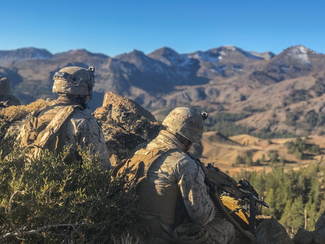 Marines with 1st Battalion, 7th Marine Regiment, provide security from an observation post at Drop Zone Blackbird, during Mountain Training Exercise 6-19, at Marine Corps Mountain Warfare Training Center, Bridgeport, Calif., Oct. 14, 2018. MWTC is the only installation across the Department of Defense that conducts unit-level mountain warfare training in addition to teaching mountaineering and related skills at its professional mountain warfare schools.