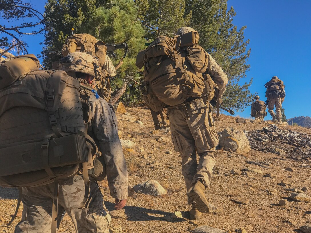 Marines with 1st Battalion, 7th Marine Regiment, conduct a patrol at Drop Zone Blackbird, during Mountain Training Exercise 6-19, aboard Marine Corps Mountain Warfare Training Center, Bridgeport, Calif., Oct. 14, 2018. MWTC is the only installation across the Department of Defense that conducts unit-level mountain warfare training in addition to teaching mountaineering and related skills at its professional mountain warfare schools.