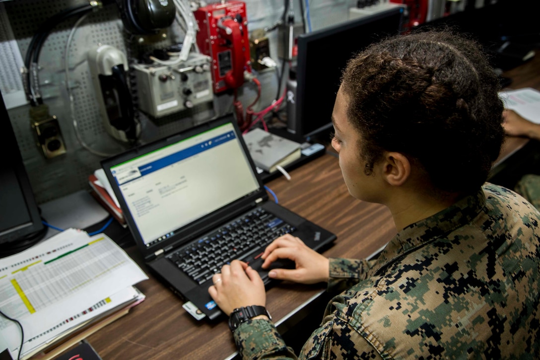 Lance Cpl. Sierra Walker, supply specialist with 13th Marine Expeditionary Unit, tests the Global Combat Support System-Marine Corps Release 12 upgrade while deployed before its official launch. The Marine Corps upgraded the system in August to strengthen the Corps’ cybersecurity posture and offer a more customizable tool to ensure Marines can easily and clearly report readiness to their commander.
