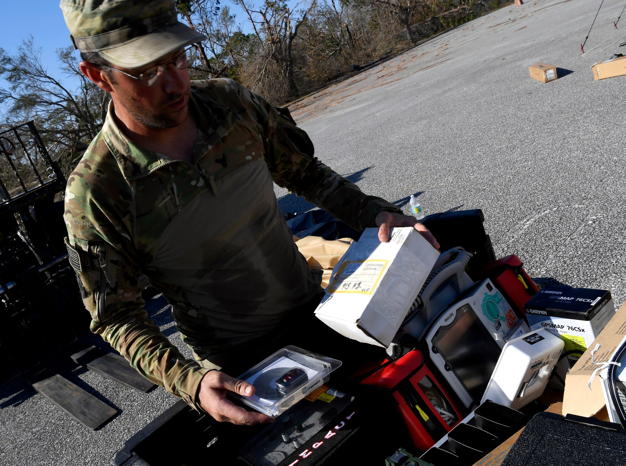 Tech. Sgt. Daniel Green, 96th Medical Group medical technician, unloads medical supplies at Tyndall Air Force Base, Florida, Oct. 15, 2018. Members from Moody Air Force Base travelled down to support standing up an operational medical facility after Hurricane Michael devastated the base. (U.S. Air Force photo by SSgt Matthew Lotz)