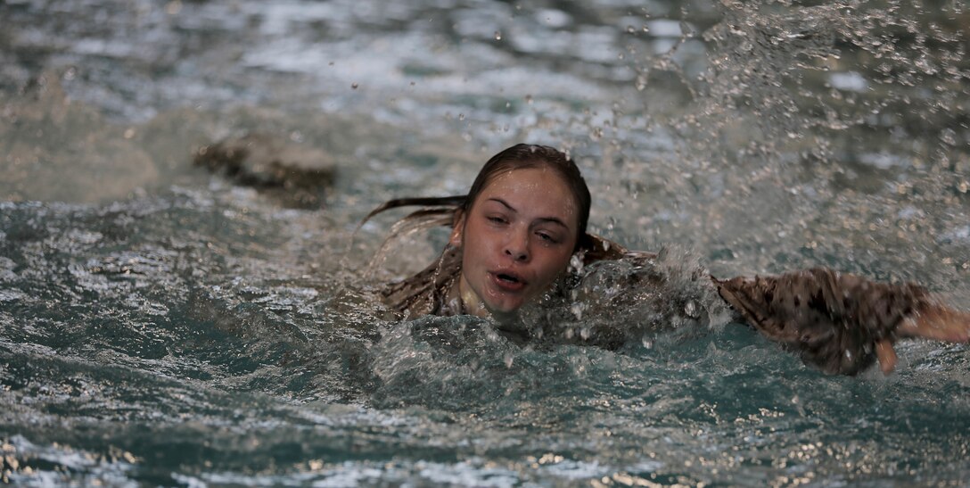 Recruits with Bravo Company, 1st Battalion, and Oscar Company, 4th Battalion, receive remedial swim classes on Marine Corps Recruit Depot Parris Island, S.C. Oct. 3, 2018.  To ensure they meet Marine Corps swim qualification standards, recruits are tested on their ability to swim 25 meters in shallow water, conduct self-rescue, employ flotation, tread water for four minutes, and shed gear underwater. (U.S. Marine Corps Photos by Cpl. Daniel A. Lobo)