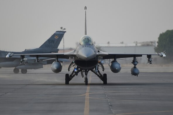An F-16 lands at an undisclosed location.
