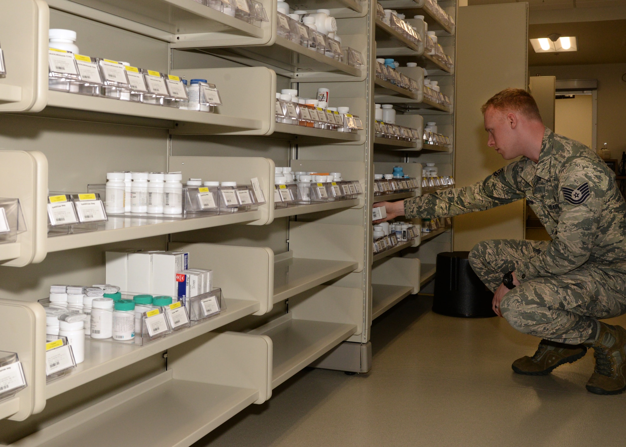 Tech. Sgt. Skyler N. Kieran, Gateway Bulverde Clinic pharmacy NCOIC, performs a routine inspection on the medications at the pharmacy. The pharmacy is located in the far North Central area of San Antonio on the second floor of the Baptist Emergency Hospital building and is open from 8 a.m. to 5 p.m. Monday through Friday. 
(U.S. Air Force photo by Daniel J. Calderón)