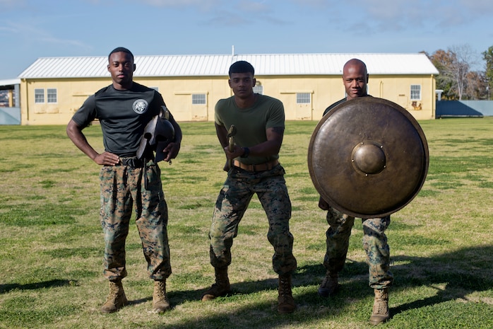 Marines with Headquarters and Service Battalion, Marine Corps Recruit Depot San Diego, pose with their trophies after the HQ&SVBn 2018 Atlas Cup Games at MCRD San Diego, Jan 25.