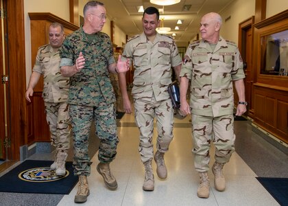 Chairman of the Joint Chiefs of Staff Gen. Joe Dunford hosts his Egyptian counterpart, Egyptian Armed Forces Lt. Gen. Mohamed Farid Hegazi, for a visit to the Pentagon, Oct. 15, 2018.