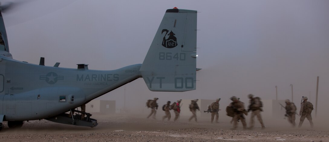 UNDISCLOSED LOCATION, SOUTHWEST ASIA – U.S. Marines with India Company 3rd Battalion, 7th Marine Regiment, 1st Marine Division attached to Special Purpose Marine Air-Ground Task Force, Crisis Response-Central Command board an MV-22 Osprey during a tactical recovery of aircraft and personnel exercise August 19, 2018. The training exercise provided Marines the opportunity to enhance combat readiness and crisis response skills. (U.S. Marine Corps photo by Cpl. Teagan Fredericks)