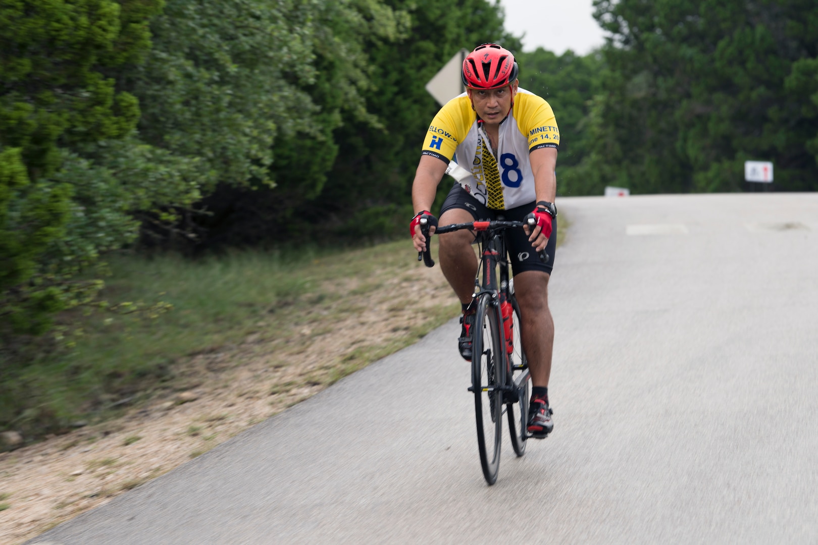A member of Joint Base San Antonio raced on his bike during the Rambler 120 Oct. 13, 2018, at JBSA Recreation Area at Canyon Lake, Texas.