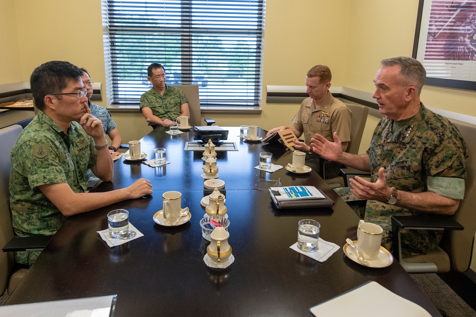 Chairman of the Joint Chiefs of Staff Gen. Joe Dunford meets with Singapore Chief of Defense Force Lt. Gen. Melvyn Ong at Joint Base Andrews, Maryland Oct. 16.