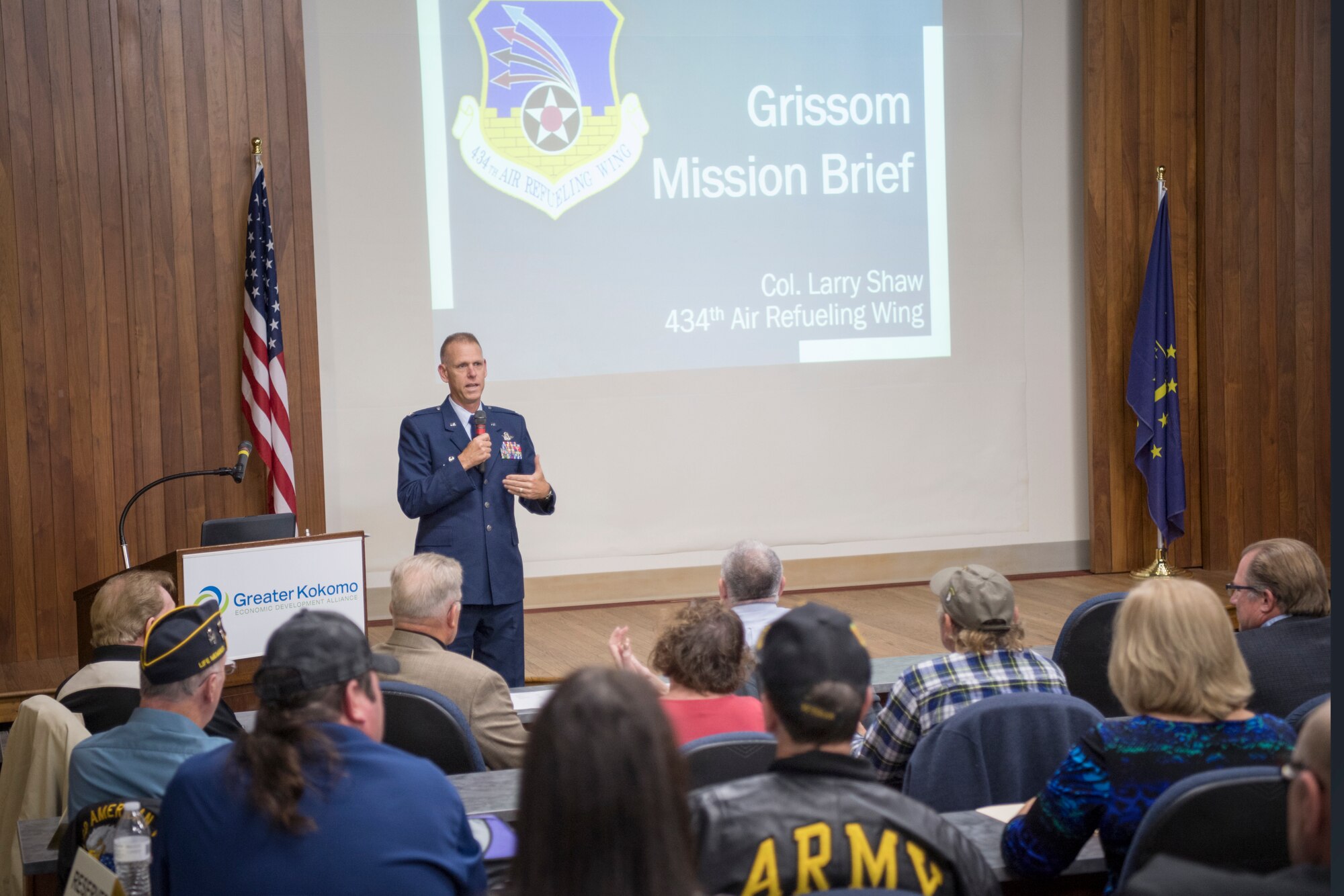 Col. Larry Shaw, 434th Air Refueling Wing commander, gives a unit mission briefing to members attending the Military Foundation, Inc., meeting at the Iventrek Auditorium in Kokomo, Ind. Shaw provided the overview and answered questions as part of a Grissom Air Reserve Base Appreciation Day. (U.S. Air Force photo/Master Sgt. Benjamin Mota)