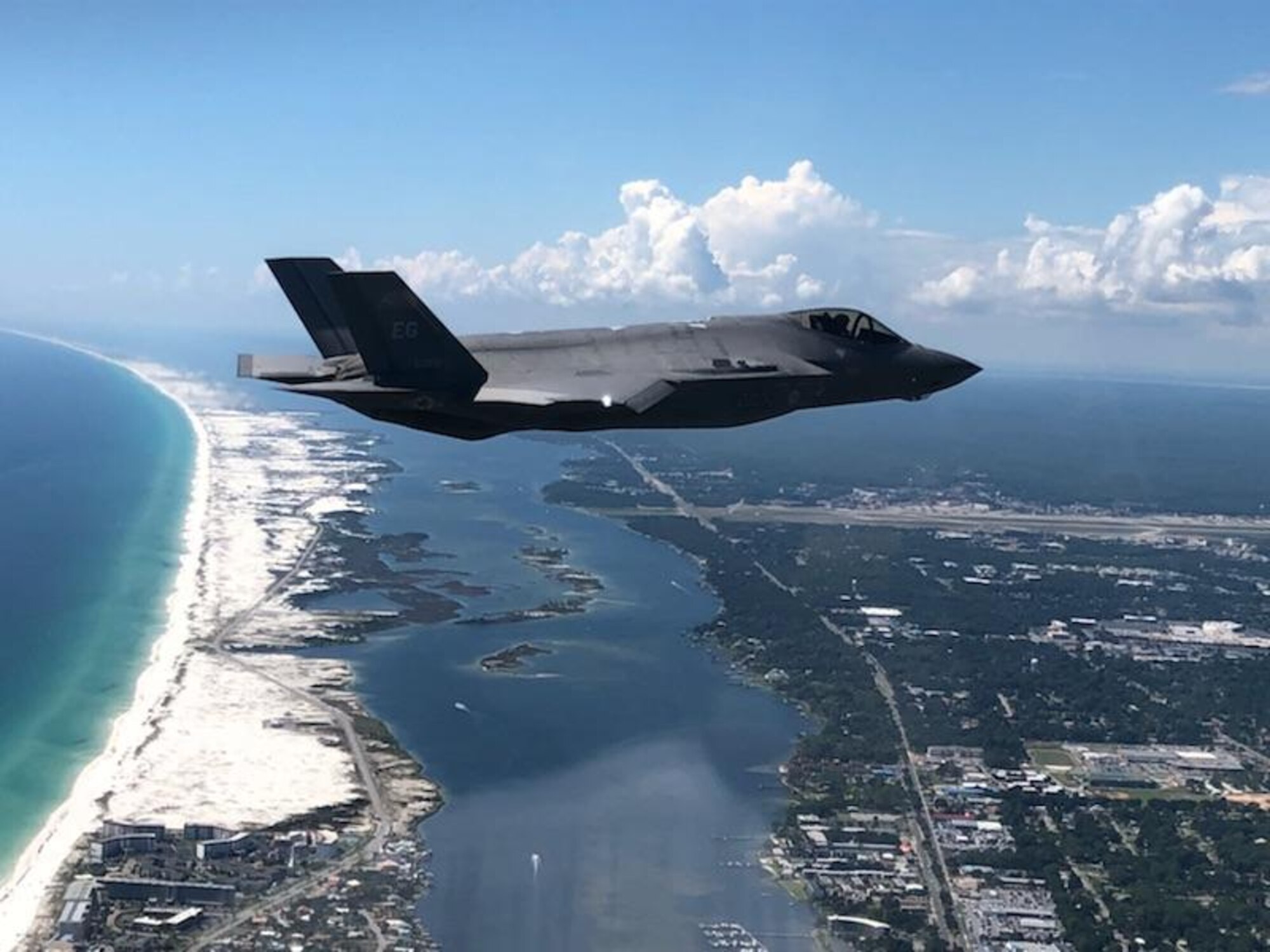 An F-35 Lightning II flies over Florida as part of an exercise involving the 88th Fighter Training Squadron and the 58th Fighter Squadron.