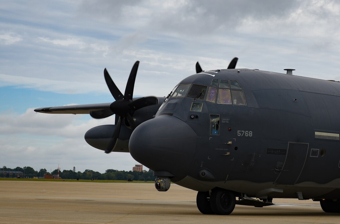 A U.S. Air Force HC-130J Combat King II from the 71st Rescue Squadron prepares to taxi at Joint Base Langley-Eustis, Virginia, Oct. 17, 2018. The 71st RQS is supporting Tyndall Air Force Base, Florida, recovery efforts. (U.S. Air Force photo by Staff Sgt. Carlin Leslie/Released)