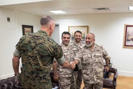 Chairman of the Joint Chiefs of Staff Gen. Joe Dunford meets with Qatari Armed Forces Chief of Staff Lt. Gen. Ghanim bin Shaheen al-Ghanim Oct. 15 in Washington D.C.