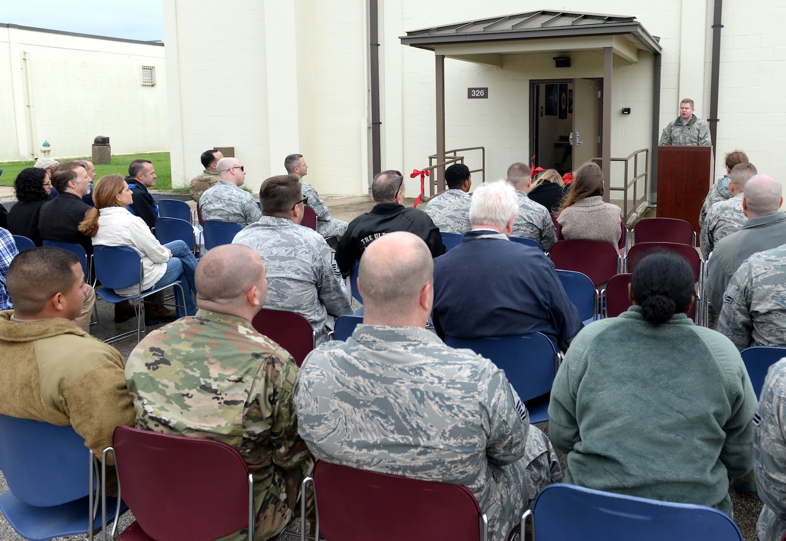 Lt. Col. Benjamin George, 346th Test Squadron commander, addresses attendees during a ribbon cutting ceremony at Joint Base San Antonio-Lackland Oct. 15. The ceremony was hosted to welcome the UCAP team to its new home. The team provides Department of Defense Information Network Approved Products List testing of communications equipment before the equipment can be connected to the DODIN. UCAP is the only Air Force lab that provides DODIN APL testing and results are accepted DOD-wide.