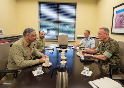 Chairman of the Joint Chiefs of Staff General Joe Dunford meets with Pakistan Chairman of the Joint Chiefs of Staff Committee, Gen. Zubair Mahmood Hayat Oct. 16 in Washington D.C.