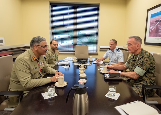 Chairman of the Joint Chiefs of Staff General Joe Dunford meets with Pakistan Chairman of the Joint Chiefs of Staff Committee, Gen. Zubair Mahmood Hayat Oct. 16 in Washington D.C.