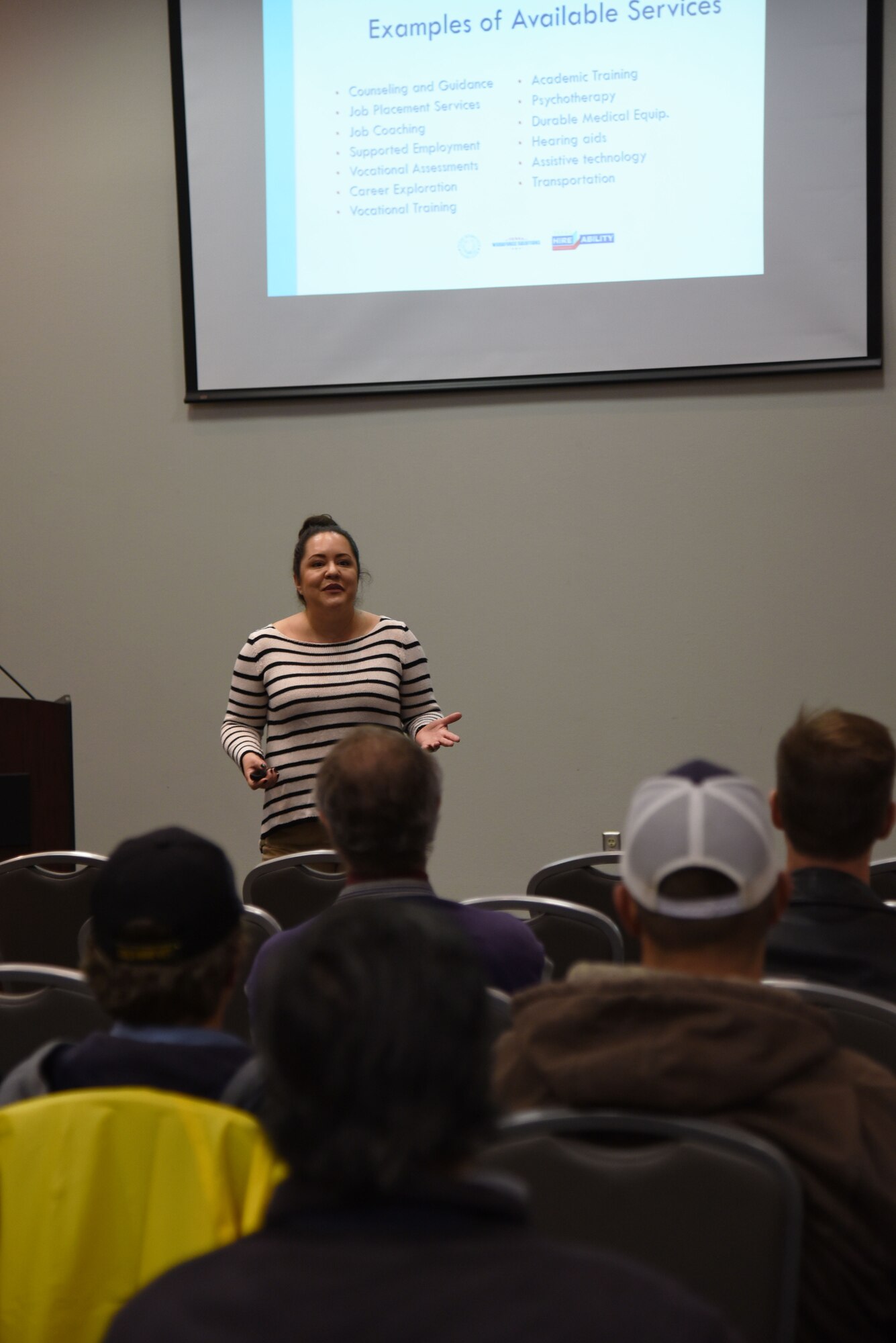 Vocational Rehabilitation Services Business Relations Coordinator, Felicia Patrick, speaks during the National Disability Employment Awareness Month info fair at the Event Center on Goodfellow Air Force Base, Texas, Oct. 17, 2018. Patrick told the audience how she could assist them with their disabilities in the workplace. (U.S. Air Force photo by Staff Sgt. Joshua Edwards/Released)