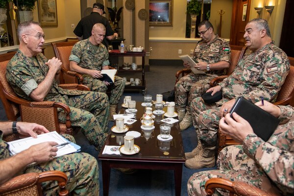 Chairman of the Joint Chiefs of Staff Gen. Joe Dunford meets with Jordanian Chairman of the Joint Chiefs of Staff Mahmoud Abdul Haleem Freihat today in Washington D.C., Oct. 17.