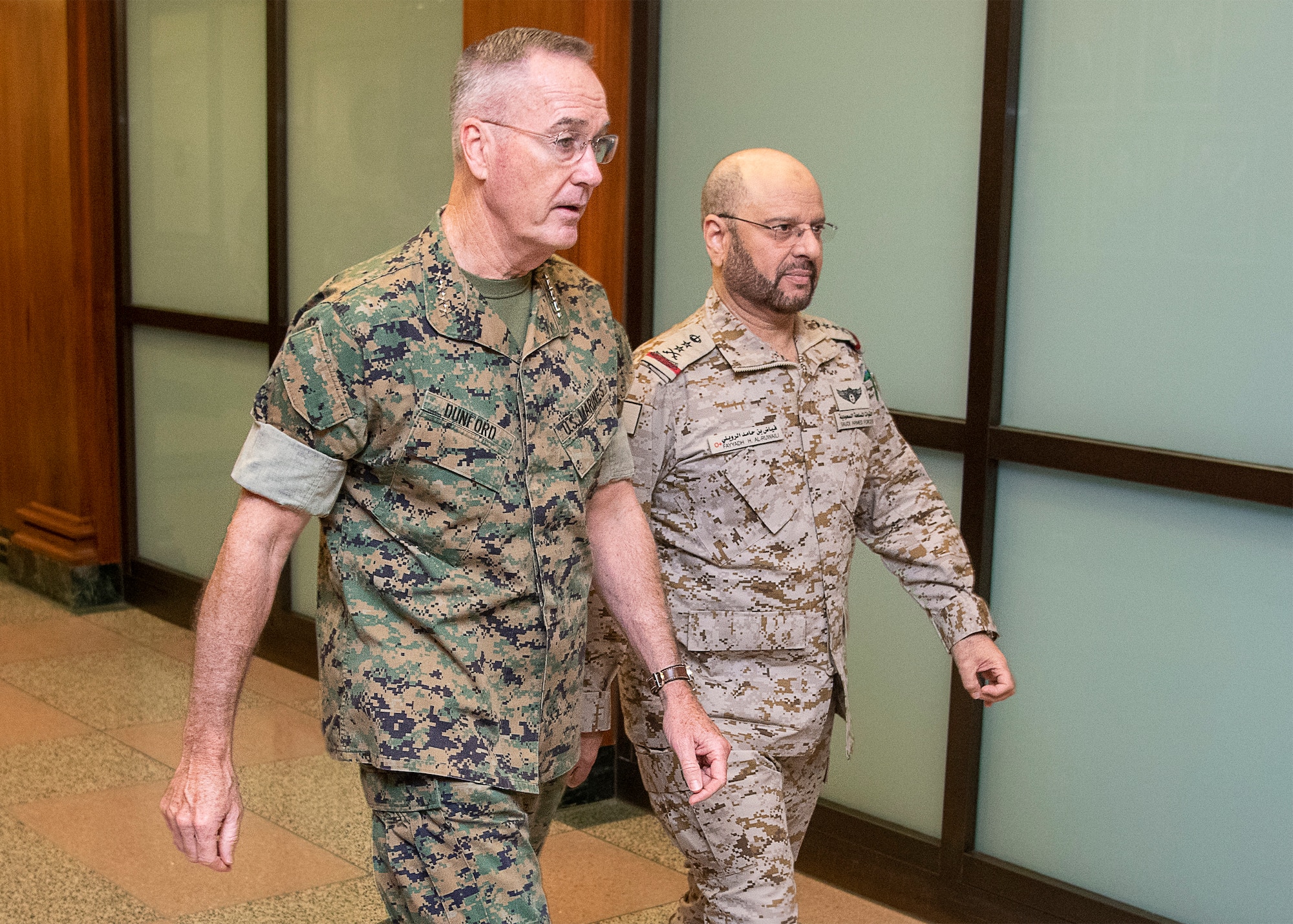 Chairman of the Joint Chiefs of Staff Gen. Joe Dunford meets with Saudi Arabia Chief of the General Staff Gen. Fayyad Al-Ruwayli today in Washington D.C., Oct. 17.