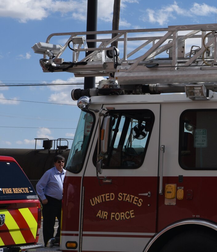 F.E. Warren Air Force Base fire truck on display during the first county-wide Fire Prevention Week Open House on Oct. 13, 2018, in Cheyenne, Wyo. The local community enjoys the festivities during the Fire Prevention Week Open House.