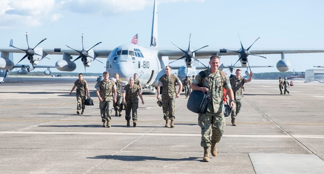 U.S. Marines with Marine Aerial Refueler Transport Squadron (VMGR) 252 participate in a homecoming ceremony on Marine Corps Air Station Cherry Point, Oct. 3, 2018.